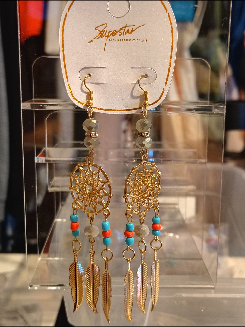 Gold Dreamcatcher Feather Dangle Earrings with Turquoise & Coral Beads